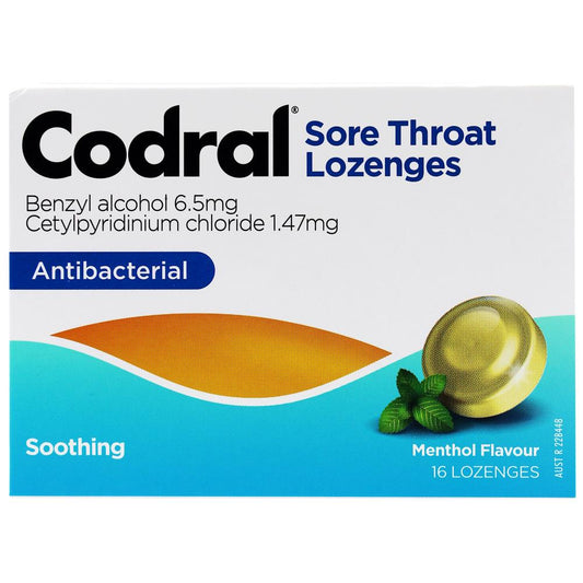 Codral Pk16 Sore Throat Lozenges Antibacterial Soothing + Menthol Flavour