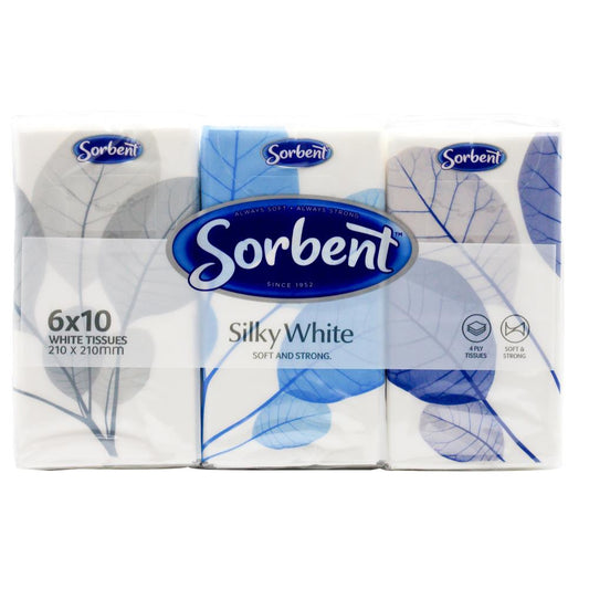 Sorbent Pk6 X10 Tissues Silky White Soft & Strong Pocket Packet (21Cm X 21Cm)