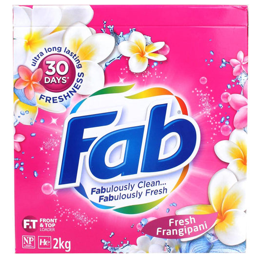 Fab 2Kg Laundry Powder Fresh Frangipani Front + Top Loader