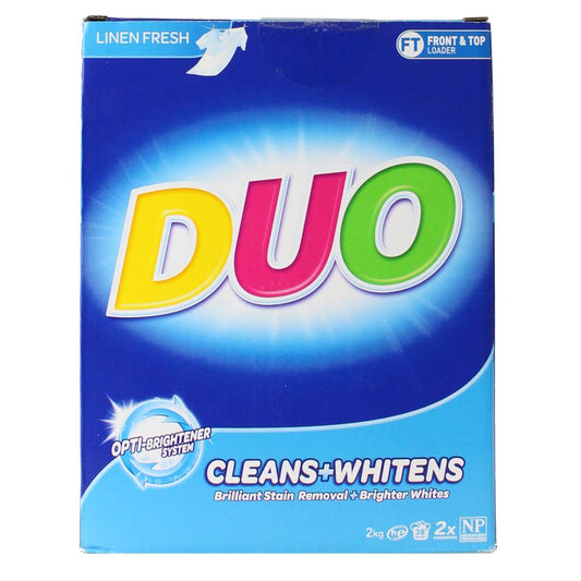 Duo 2Kg Laundry Powder Front & Top Loader Cleans+Whitens Opti Brightener System Linen Fresh