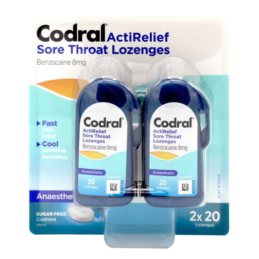 Codral Pk20 X 2 Acti-Relief Sore Throat Lozenges Sugar Free Cool Mint