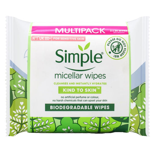 Simple Pk20 X 2 Micellar Wipes Biodegradable Wipes Kind To Skin