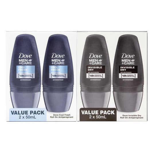Dove Men Care Pk2 X 50Ml Roll On Antiperspirant Mixed Carton - Cool Fresh + Invisible Dry