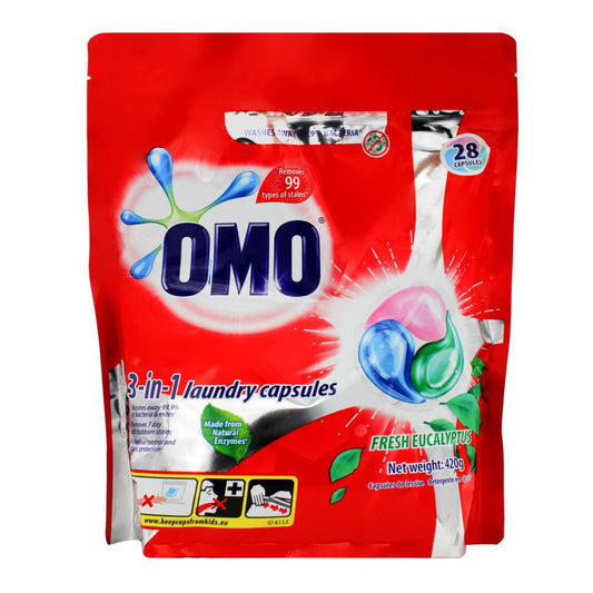 Omo Pk28 3-In-1 Laundry Capsules Fresh Eucalyptus Front & Top Loader