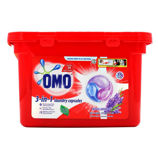 Omo Pk15 3-In-1 Laundry Capsules Fresh Lavender Front & Top Loader